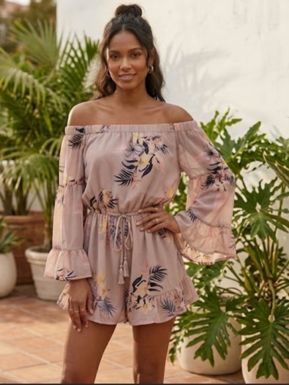 Blush Pink Tropical Floral Cold Shoulder Ruffle Dress Waist Tie Size Large